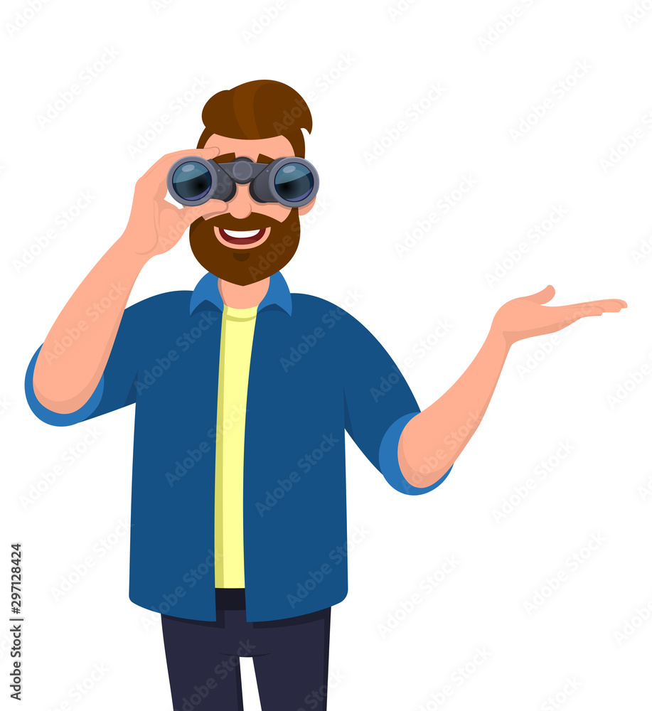 Young bearded man looking through binoculars. Person holding binocular and pointing or presenting hand to copy space. Male character design illustration. Modern lifestyle concept in cartoon.