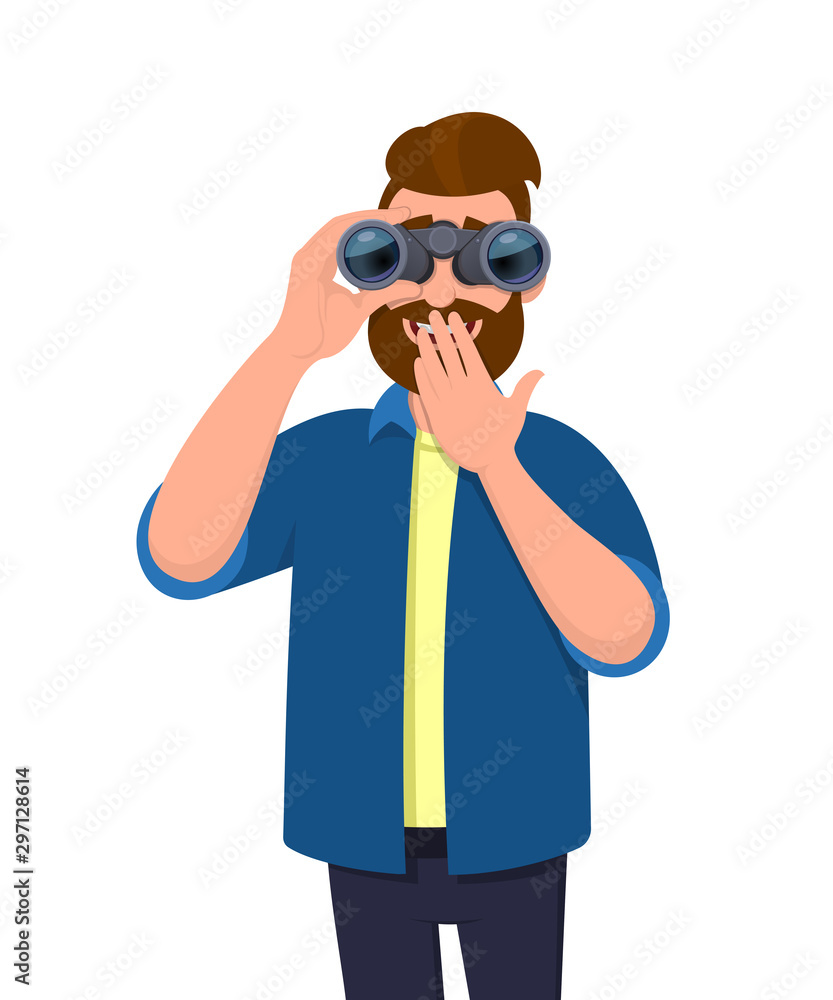Happy hipster man looking in the distance through binoculars and covering mouth with hand for surprise or excitement. Young person is holding a binocular. Modern lifestyle, technology in cartoon style Happy hipster man looking in the distance through binoculars and covering mouth with hand for surprise or excitement. Young person is holding a binocular. Modern lifestyle, technology in cartoon style