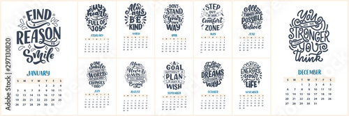 Modern typography lettering compositions. 2020 calendar with funny motivation quotes. Hand drawn illustrations. Trendy slogan, vector graphic