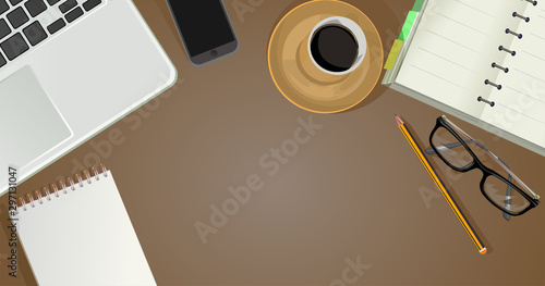 Office desktop computer, desk. Top view. Vector background illustration. Stationery, work space creative designer. Place for working, cabinet table.