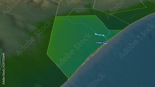 Jubbada Hoose - region of Somalia with its capital zoomed on the physical map of the globe. Animation 3D photo