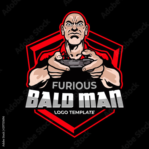 Furious Bald Man gamer Holding Joystick in Anger Esport Logo Template