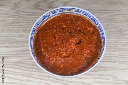 Homemade bolognese sauce with tomatoes and minced beef meat