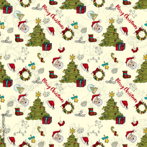 seamless pattern 1 New year Christmas color and contour illustration baby Doodle layout for design Santa spruce wreath sock gingerbread man gloves garland ball background changing