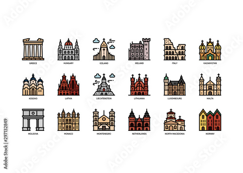 European cities landmarks icons set