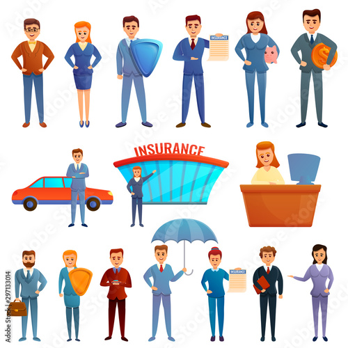 Insurance agent icons set. Cartoon set of insurance agent vector icons for web design