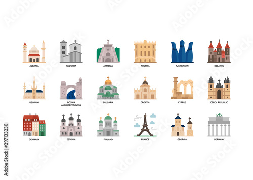 European cities landmarks icons set