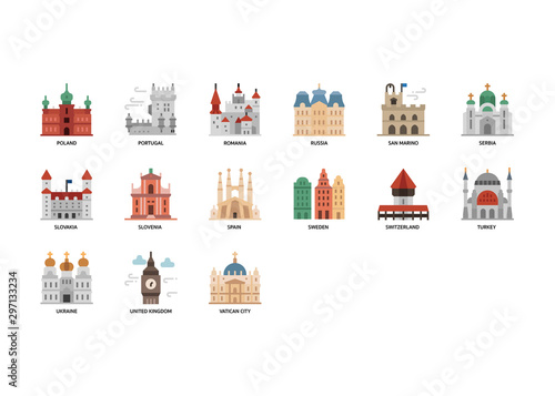 European cities landmarks icons set