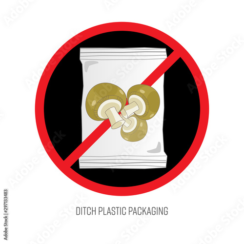 Ditch plastic packaging symbol. Stop packing fresh vegetable with unnecessary package to reduce plastic pollution. Vector illustration outline flat design style.