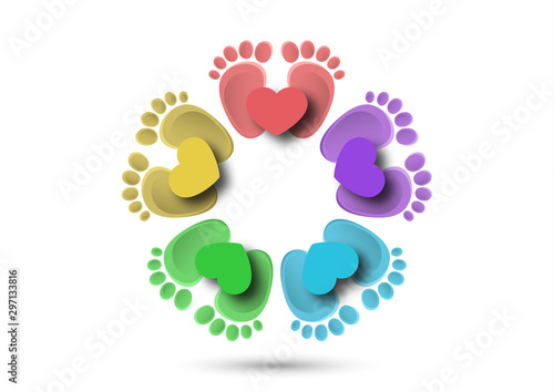 Icon, children's footprint and heart. The concept of love for children. Flat design.