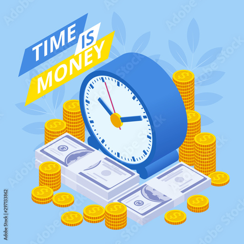 Time is money isometric concept. Business financial ideas, alarm clock and stack of coin. Time management planning, Deadline.