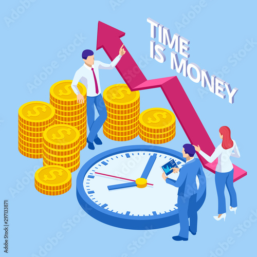 Time is money isometric concept. Business financial ideas, alarm clock and stack of coin. Time management planning, Deadline.
