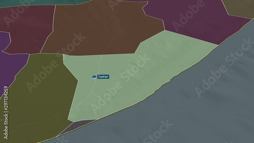 Shabeellaha Dhexe - region of Somalia with its capital zoomed on the administrative map of the globe. Animation 3D photo