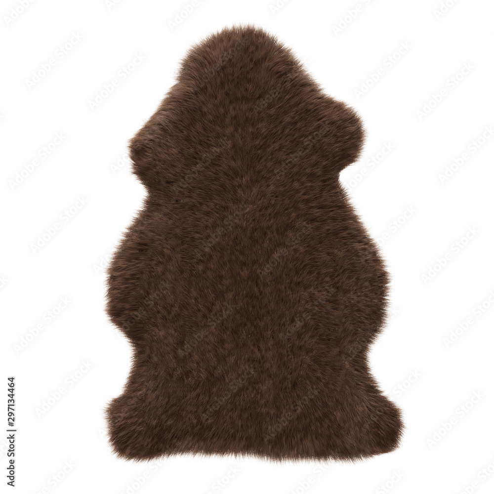 Brown skin of a sheepskin wool rug on a white background. 3D rendering Brown skin of a sheepskin wool rug on a white background. 3D rendering