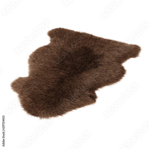 Brown skin of a sheepskin wool rug on a white background. 3D rendering