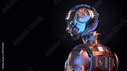 Very detailed futuristic robot man or red humanoid cyborg with metallic skull head. Side back view isolated on black background with free copy space for text. 3d render