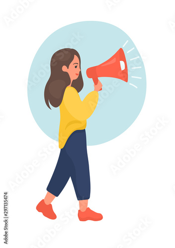 Woman talking to megaphone on white background. Female speaker.