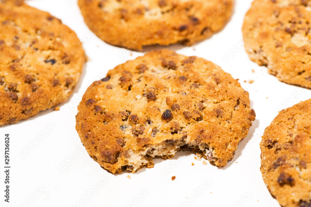chocolate chip oatmeal cookies on white background. conceptual photo, closeup chocolate chip oatmeal cookies on white background. conceptual photo, closeup
