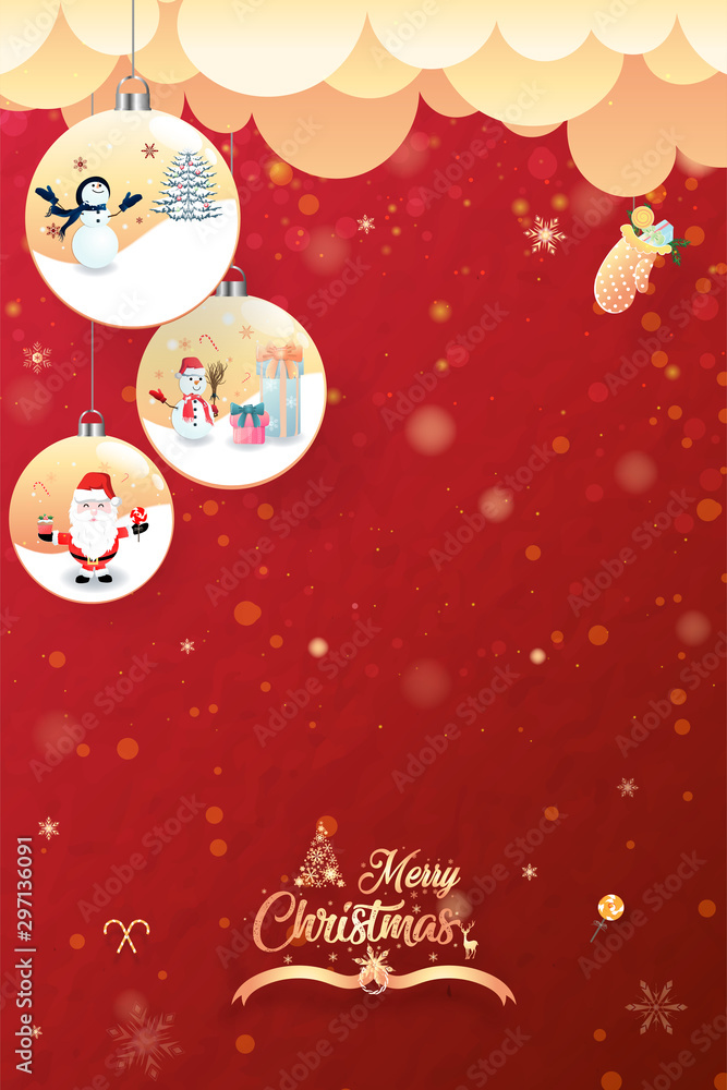 Obraz Merry Christmas and happy new year. cute animal character it's wearing Hat scarf and winter glove to celebrate, landscape gold background, snow, card, and happiness. Vector Illustration