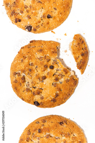 conceptual photo. chocolate chip oatmeal cookies on white background  vertical top view