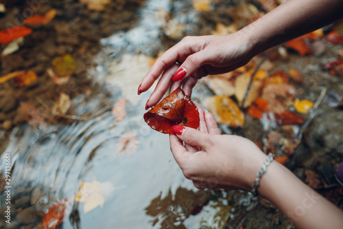 Yellow leaf in hand on water with leaves background. Autumn concept.