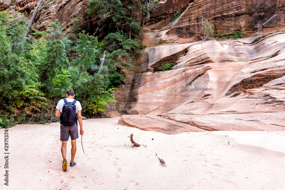 Zion National Park in Utah on Gifford Canyon trail sand and red rock formations with man hiker walking with backpack in summer