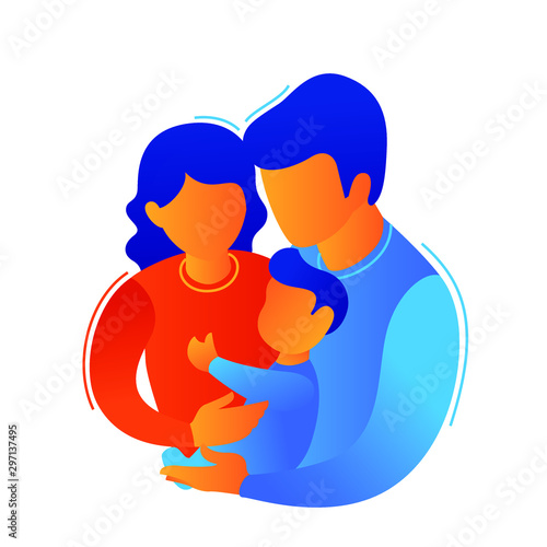 Mother and father hugs their baby. Flat cartoon trendy people cute protect family. Simple doodle trendy people life. Lorem ipsum vector illustration.