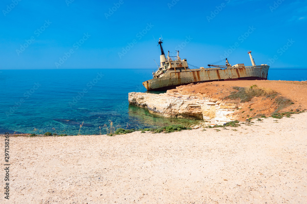 Island of Cyprus. Pathos. Ghost ship. Ship crash site. Ship is abandoned off the coast of Paphos. Beaches of Cyprus. Guide to Cyprus. Sights of Paphos. Tour of the Mediterranean Sea.