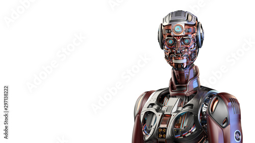 Very detailed futuristic android man or skeleton of a humanoid cyborg. Upper body isolated on white background with free copy space for text. 3d render