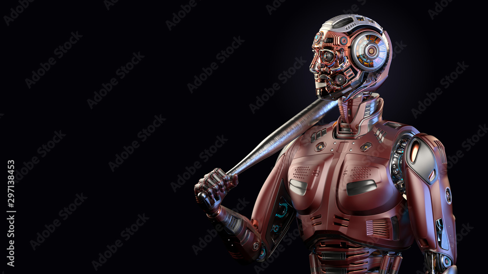 Obraz premium Detailed futuristic robot man or red humanoid cyborg holding a metallic baseball bat. Upper body isolated on black background with free copy space on the left. 3d render