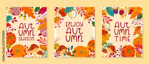 Bundle of seasonal vector autumn illustrations with pumpkins,mushrooms,pomegranates,figs,apples,plants,leaves,berries and floral elements.Harvest season.Trendy fall designs.