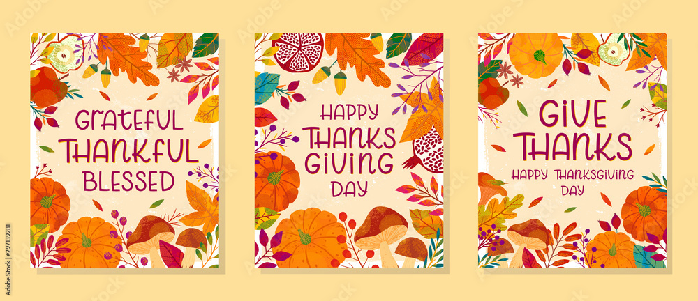 Bundle of seasonal banners for thanksgiving day with pumpkins,mushrooms,pomegranates,apples,plants,leaves,berries and floral elements.Holiday background designs.Trendy autumn vector illustrations.