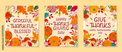 Bundle of seasonal banners for thanksgiving day with pumpkins,mushrooms,pomegranates,apples,plants,leaves,berries and floral elements.Holiday background designs.Trendy autumn vector illustrations.