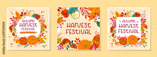 Bundle of seasonal vector autumn illustrations for harvest festival with pumpkins,mushrooms,apples,plants,leaves,berries and floral elements.Agricultural fair.Trendy fall designs.