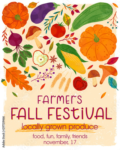 Autumn farmers market banner with pumpkins,mushrooms,eggplant,apple,zucchini,tomatoes,corn,beet,berries and floral elements.Local food fest design.Agricultural fair.Harvest season.