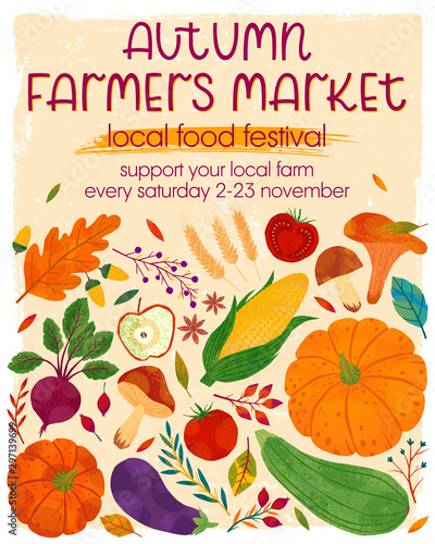 Autumn farmers market banner with pumpkins,mushrooms,eggplant,apple,zucchini,tomatoes,corn,beetroot,berries and floral elements.Local food fest design.Agricultural fair.Harvest season.