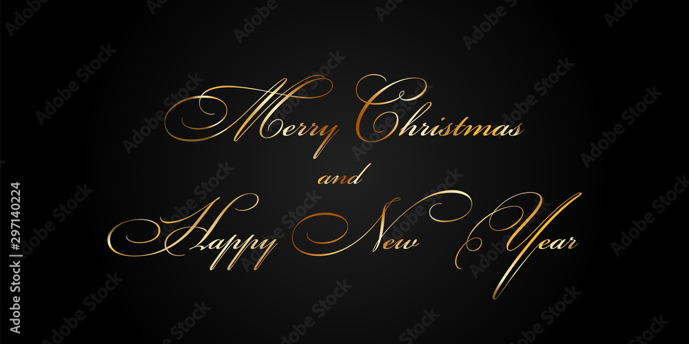 Merry Christmas and Happy New Year gold text decoration. Bright golden texture lettering with sparkle, isolated black background. Design typography for holiday, greeting card. Vector illustration Merry Christmas and Happy New Year gold text decoration. Bright golden texture lettering with sparkle, isolated black background. Design typography for holiday, greeting card. Vector illustration