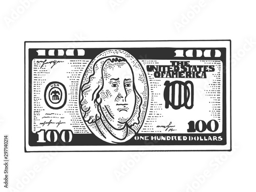 One hundred USA dollars cash walks on its feet sketch engraving vector illustration. T-shirt apparel print design. Scratch board style imitation. Black and white hand drawn image.