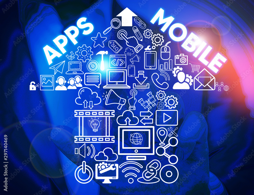 Fototapeta premium Writing note showing Apps Mobile. Business concept for computer program designed to run on phone hand held device Male wear formal work suit presenting presentation smart device