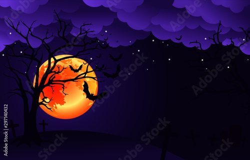 Spooky night clouds background with orange full moon, scary trees and bats silhouettes. Vector 