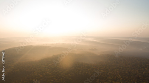 Autumn forest aerial view at sunset.