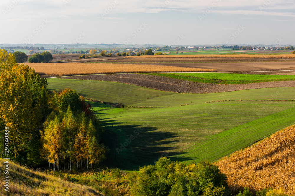 Rolling Hills in Polish Coutryside with Farm Fields at Fall Season