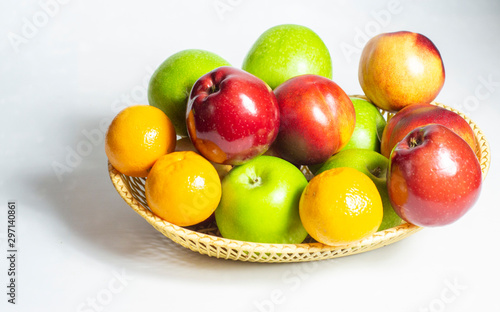 fresh fruit, in a straw basket, apples, tangerines