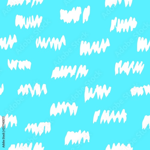 Bright seamless illustration with chaotic brush strokes. White and mentol color pattern. Funny light blue childrens print. Background for fabric, website design, notebook covers, postcards