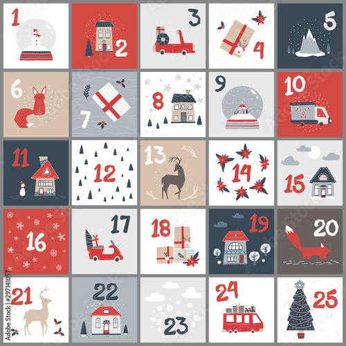 Advent calendar. Christmas poster in a simple Scandinavian style