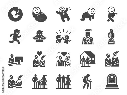 Life Cycle icon set. Included icons as birth, child, death, growing, family, happy and more.