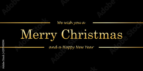 Christmas tree card, wishes text, black background. Gold Merry Christmas, symbol Happy New Year holiday celebration. Golden light decoration. Bright shiny design. Vector illustration