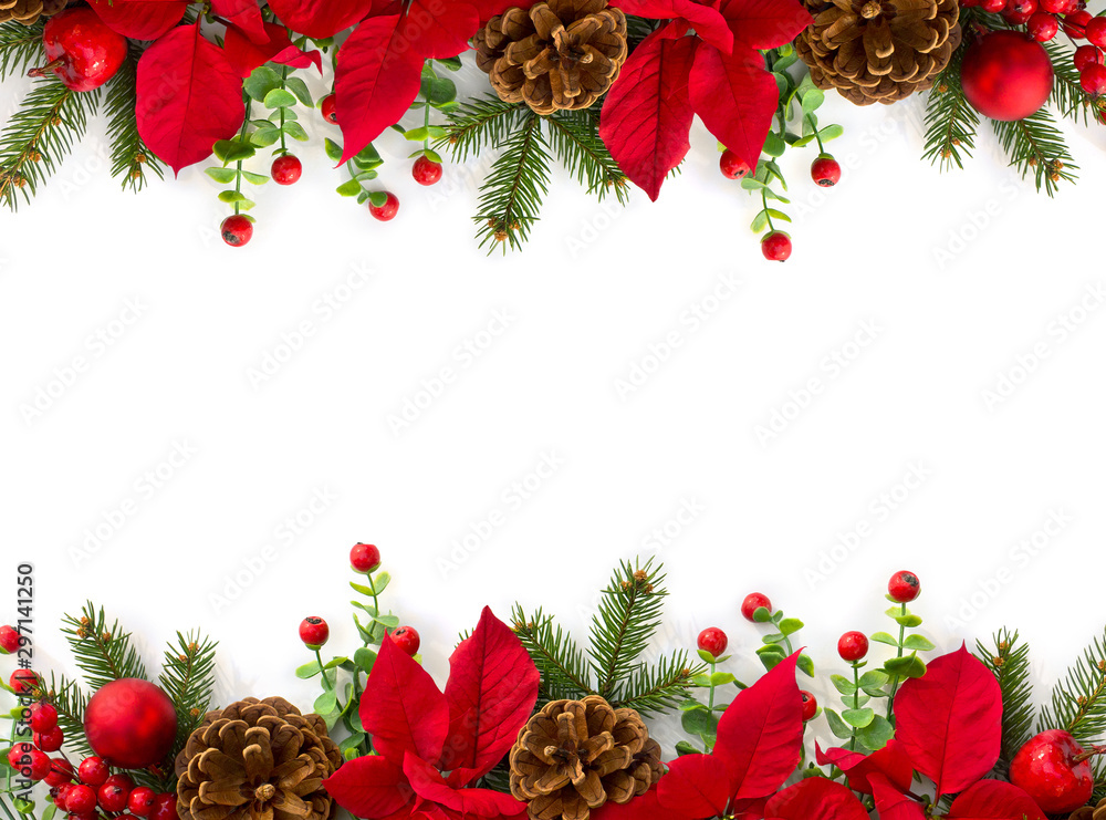 Christmas decoration. Frame of flowers of red poinsettia, branch christmas  tree, ball, red berry on a white background with space for text. Top view,  flat lay Stock Photo | Adobe Stock