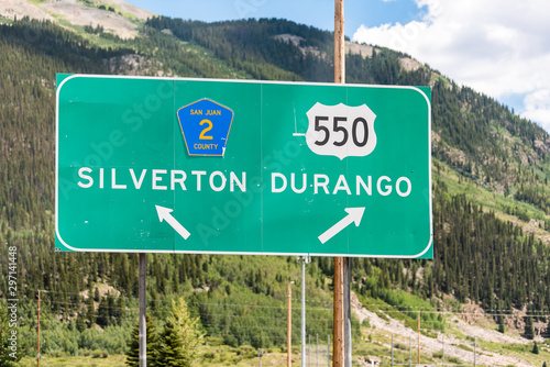 Directional sign post for on highway road 550 for Silverton or Durango in Colorado summer photo