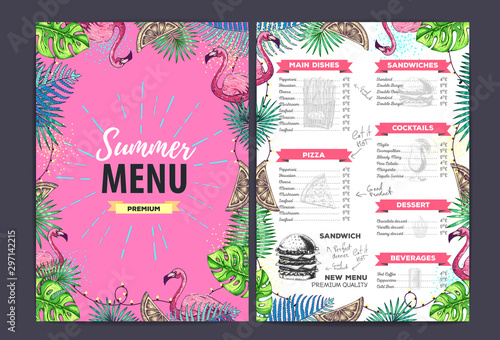 Restaurant summer menu design with tropic leaves. Fast food menu
